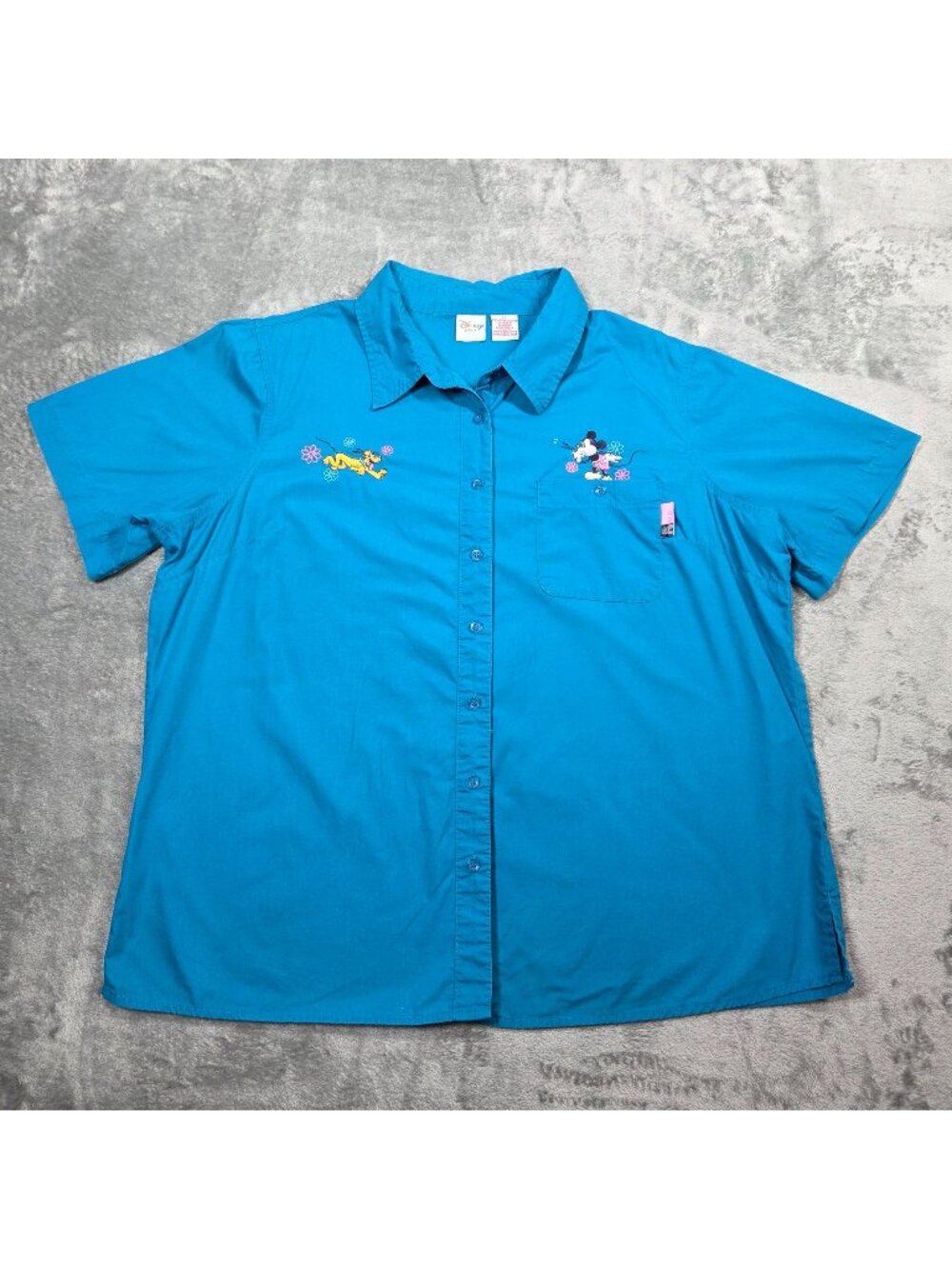 Vintage Disney Top Womens 1X Blue Embroidered Mickey Pluto Button Up Parks